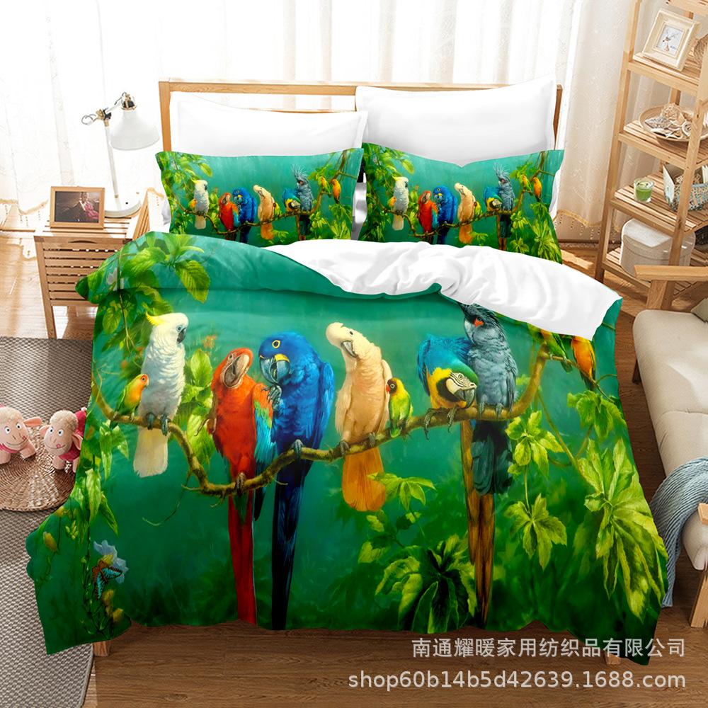 3D Digital Printing Bedding Four-Piece Set Three-Piece Set Parrot Bed Sheet Quilt Pillow