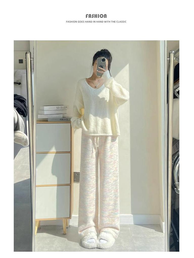 145 Plus Velvet Rainbow Glutinous Rice Sweatpants - XS Women’s High Waist Wide-Leg Pants for Autumn/Winter