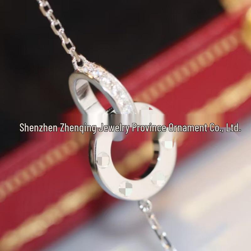 925 Sterling Silver LOVE Double Ring Necklace with Full Diamond Round Disc and Geometric Clavicle Chain