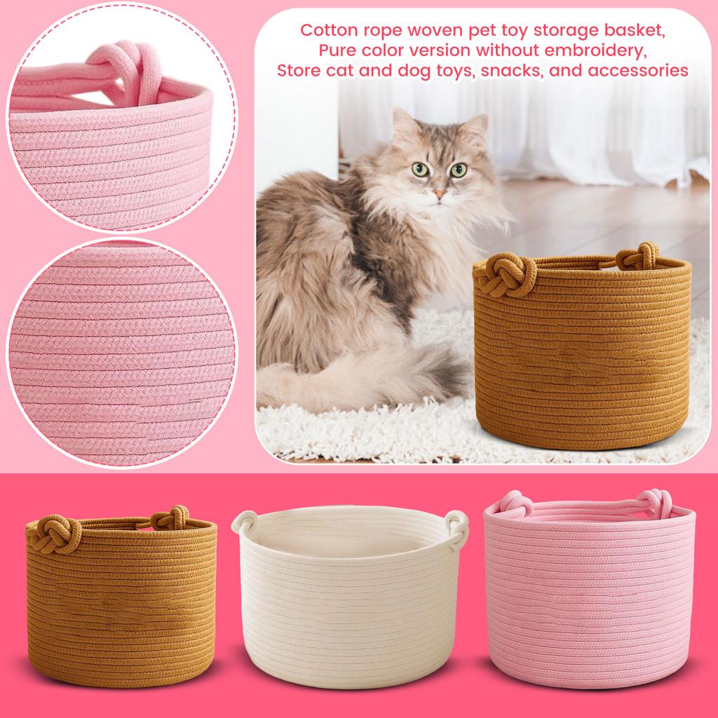 Pet Toy Storage Basket - Cotton Rope with Knot Handles, Color No Embroidery, for and Dog Toys, Treats and Accessories