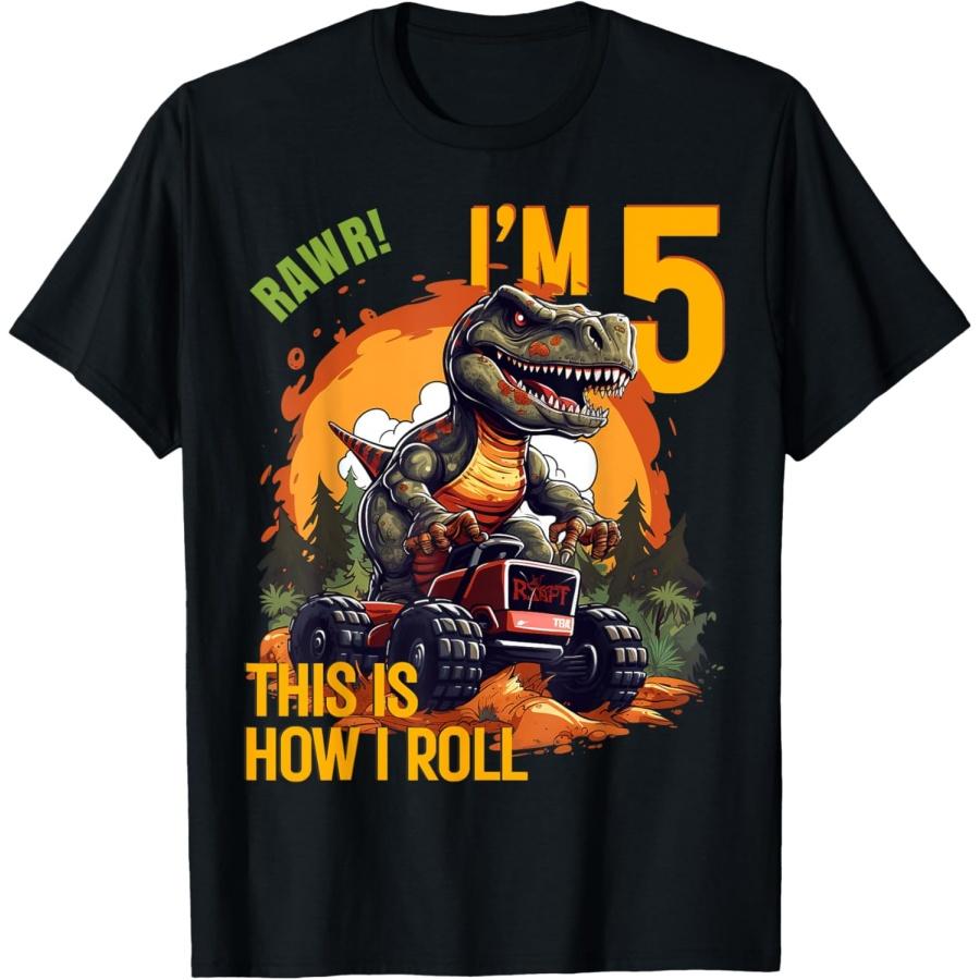 Kids 5 Year Old Shirt 5th Birthday Boy T-Rex Dinosaur T-Shirt S