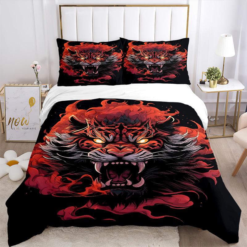 3-teiliges Tigerflammen-Bettwäscheset, Weiche, bequeme Bettbezüge, Gästezimmer (1 * Bettbezug + 2 * Kissenbezug, ohne Kern) yy251104115