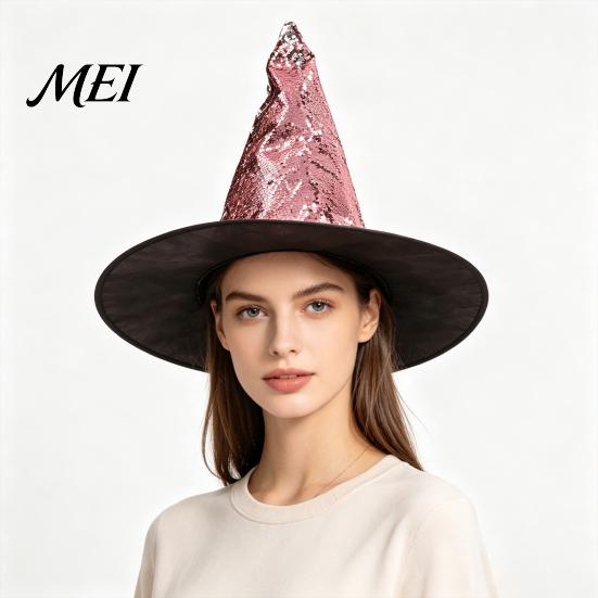 Three Dimensional Witch Hat Reversible Sequin Hat, Sparkly Glitter Large Wizard Wide Brim Halloween Costume Party for Cosplay, Masquerade
