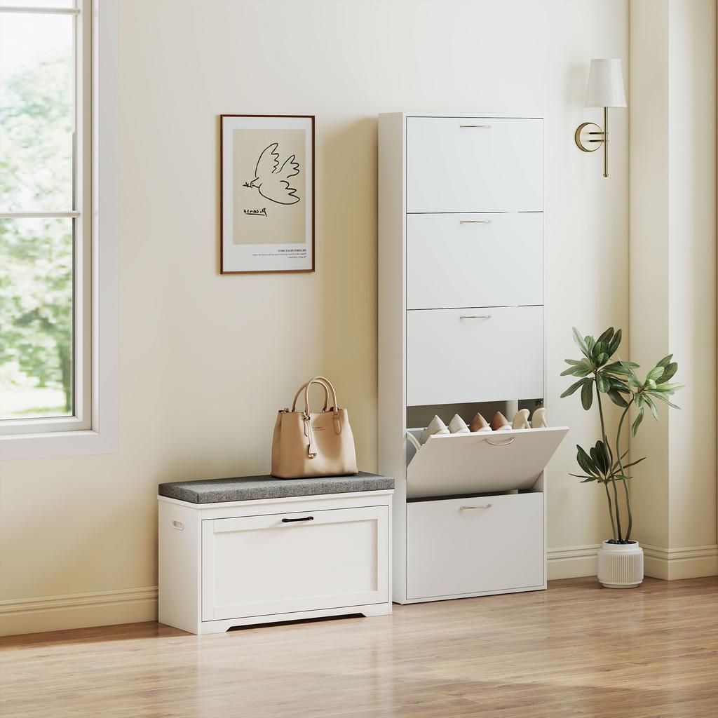 Panca moderna per scarpe con seduta imbottita e ripiano regolabile per 8 paia di scarpe per ingresso 80x30x50 cm Bianco