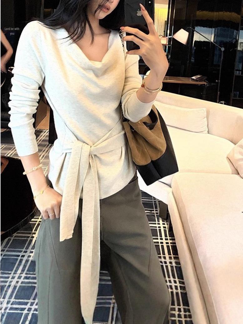 Korean-Inspired Belted Pleated Long Sleeve Top - New Early Autumn Women s Trendy Design S