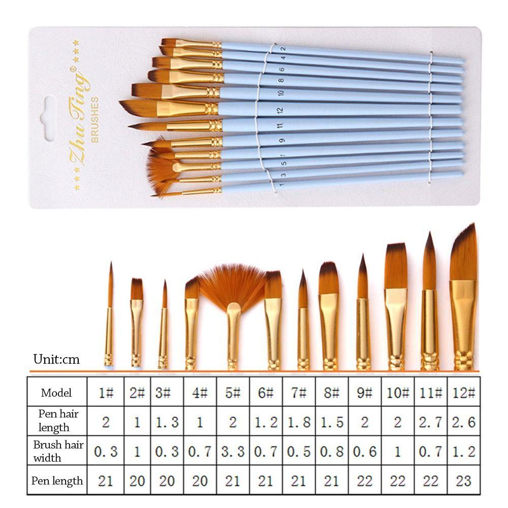 12Pcs Nylon Watercolor Brush Set Pointed Round Flat Head Soft Hair Hand Drawn Watercolor Artists Beginner's Art Painting Brushes