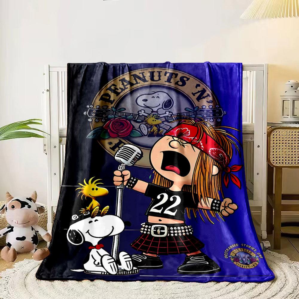 

Cartoon characters styled as rock musicians with a guitar emblem backdrop. for all seasons blanket lunch break throw gift 80cm x 120cm