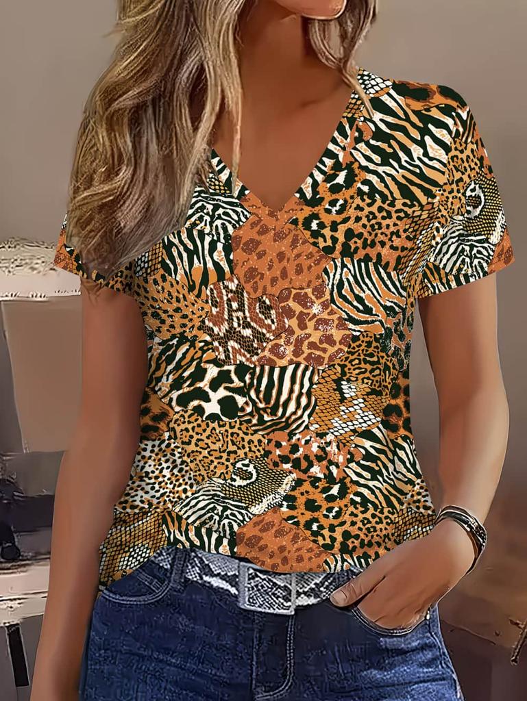 Women's T-Shirt Leopard 3D Printed V-Neck Short Sleeve Slim Casual Daily Top Y2k Clothes Outdoor Streetwear Loose Tee Female Top