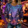 Women's Casual Halloween Print Crew Neck Three Quarter Sleeve Linen Cotton Top Autumn Lightweight Pullover Shirt for Daily Wear