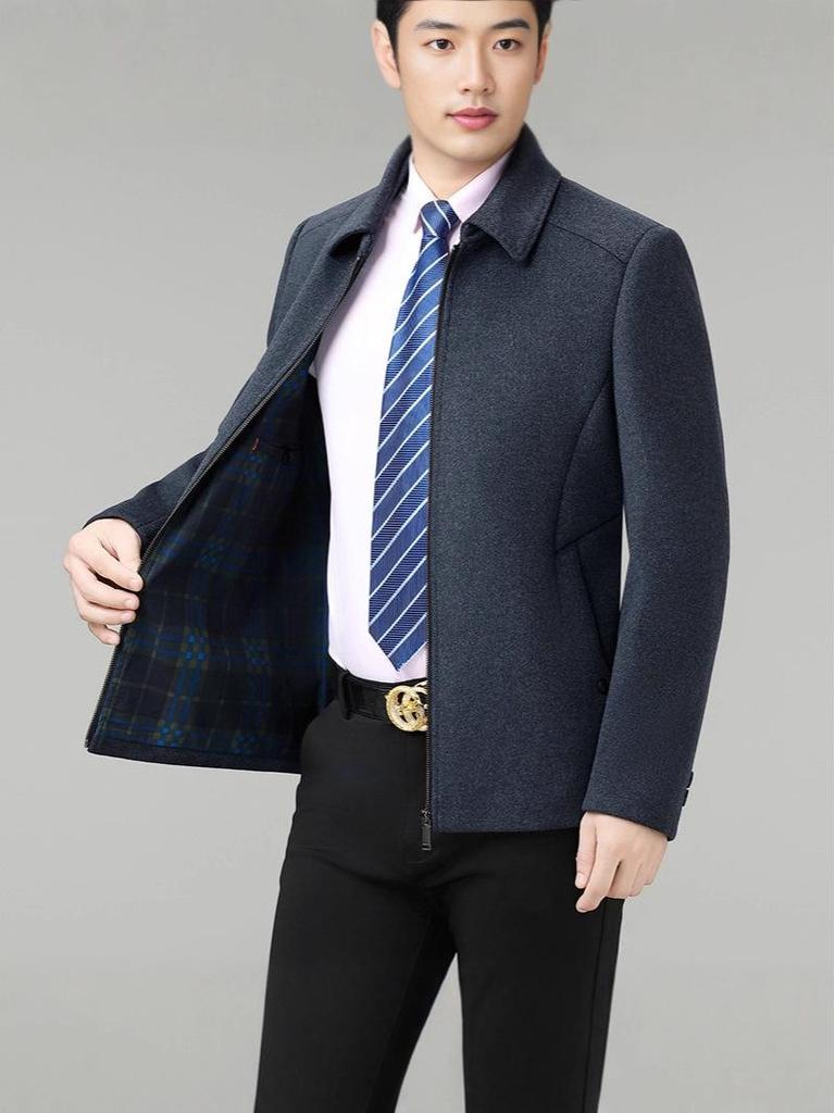 Men's High-End Cashmere Wool Jacket - Mid-Length Casual Lapel Coat for Middle-Aged Dads