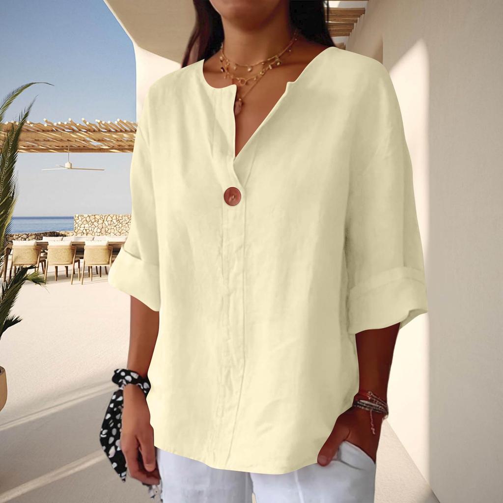Women V Neck Button Up Three Quarter Sleeve Cotton Linen Blouse Loose Fit Casual Top for Everyday Wear