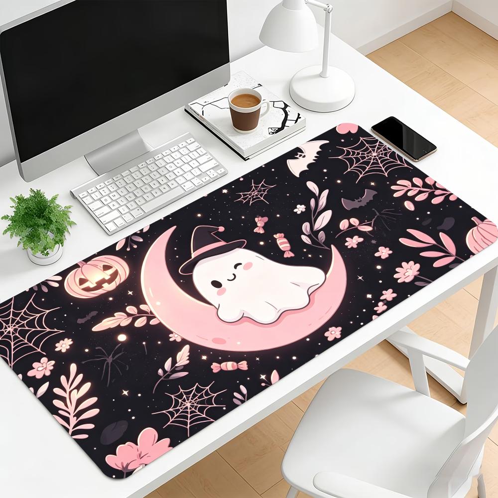 Cute Pink Halloween Ghost Large Extended Gaming Mouse Pad Non Slip Desk Mat Floral Bat Pumpkin Gothic Pattern Keyboard Desk Mat