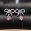 Elegant Bow Pink Diamond Earrings with Pear Shaped Yellow Zircon Drops for Women