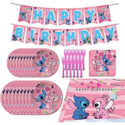Różowy zestaw akcesoriów na przyjęcie urodzinowe Lilo i Stitch, Różowy motyw dekoracji imprezowej Upominki zawiera Baner Happy Birthday, Obrus