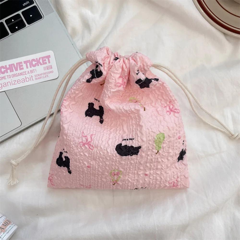 Cute Cartoon Bear Ladies Mini Drawstring Bags Retro Flower Women's Cosmetic Storage Bag Portable Sweet Female Coin Purse Handbag