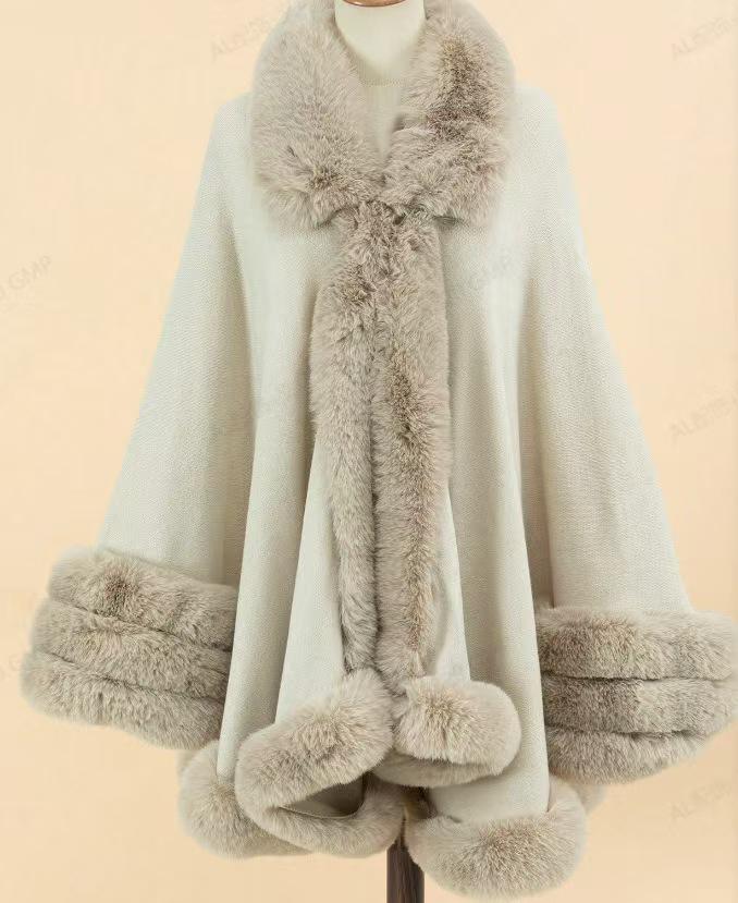 European & American Autumn/Winter Knit Fur Collar Cape with 3 Fur Strips