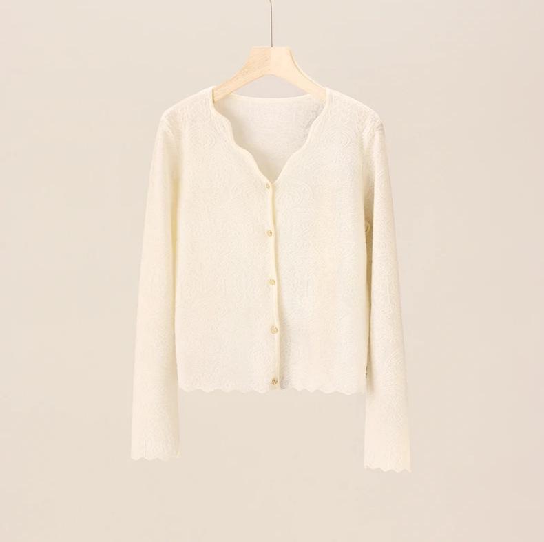 V-neck Early Autumn Wool Cardigan with French Lace Trim