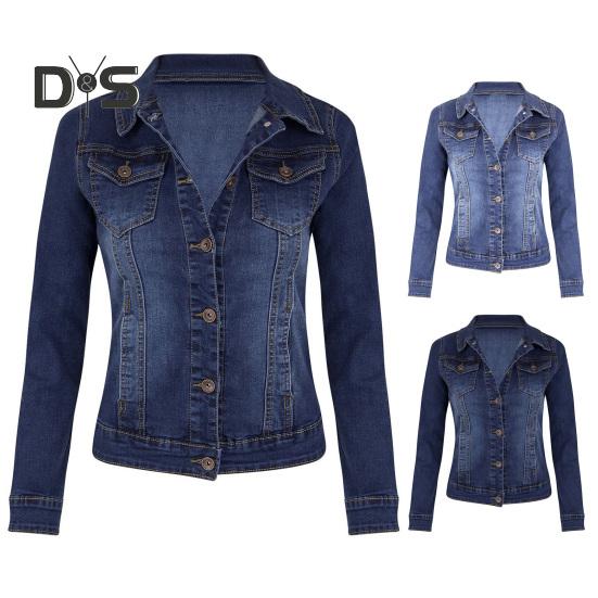 Damen Jeansjacke Retro Einreihig Slim Fit Umlegekragen Lange Ärmel Einfarbige Klappentaschen Damenmantel Pendler-Einkaufsjacke