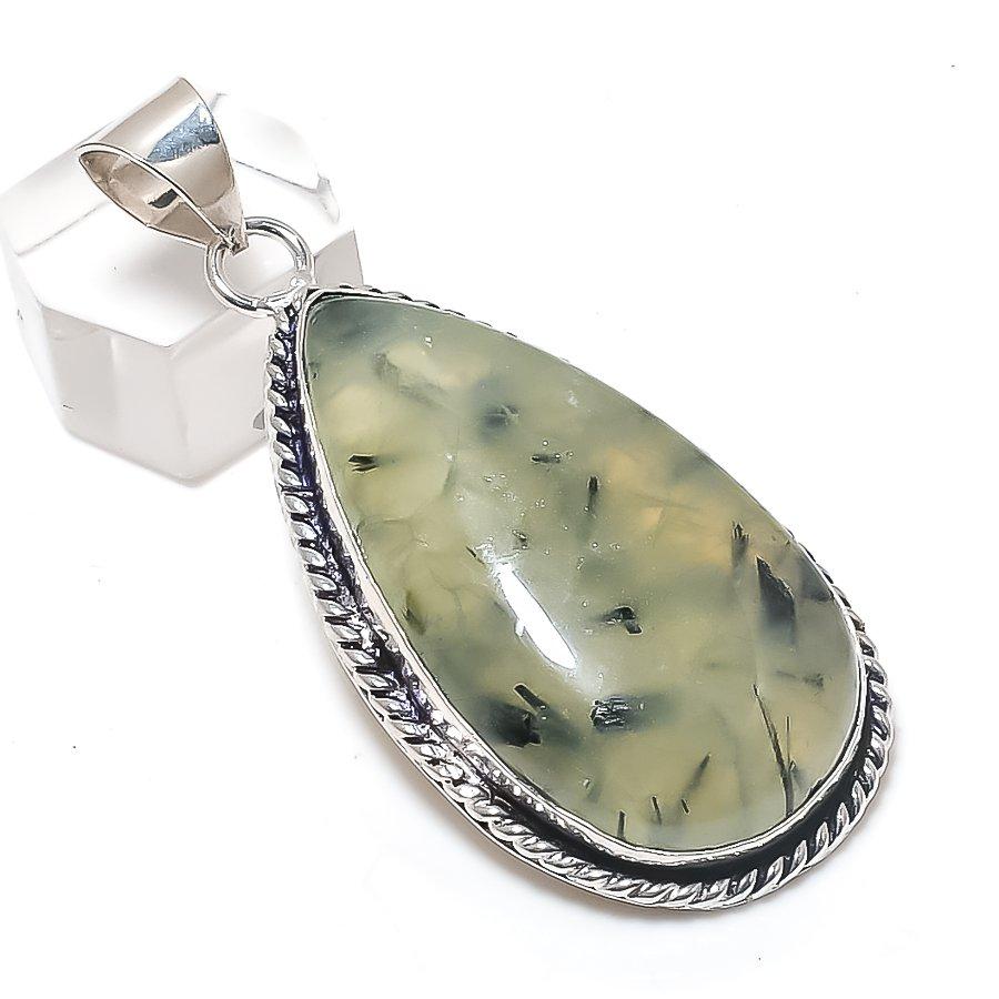 Prehnite Gemstone Handmade 925 Sterling Silver Jewelry Pendant 2.44" n5T24