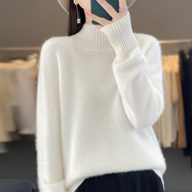 Women's Pure Wool Loose Knit Pullover - Long Sleeve, Half-High Collar, Solid Color Sweater Top