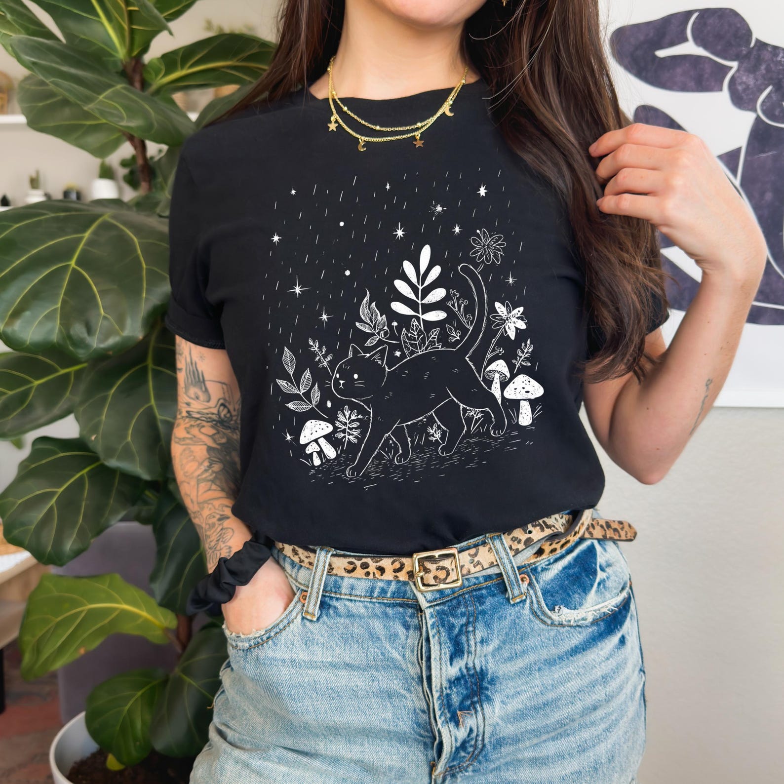 Botanical Cat T-Shirt | Witchy Cottagecore Graphic Tee S