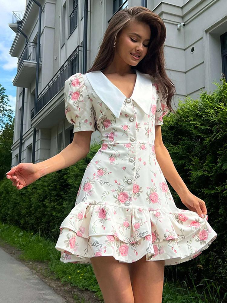 2026 Summer Women s Print Puff Sleeve Dress with Peter Pan Collar Large розовый