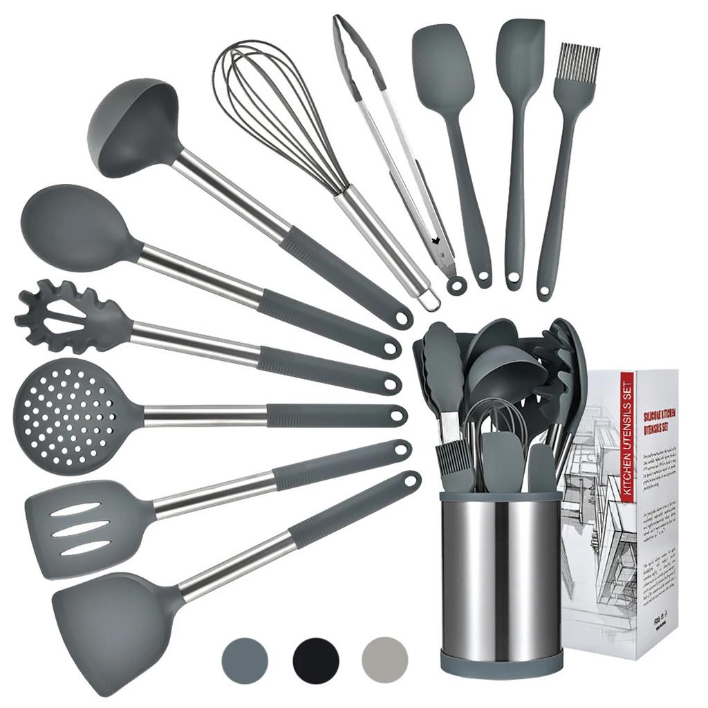 12Pcs Silicone Kitchenware Set Non Stick Stainless Steel Spatula Soup Spoon Kitchen Utensils Rotating Storage Bucket Eggbeater