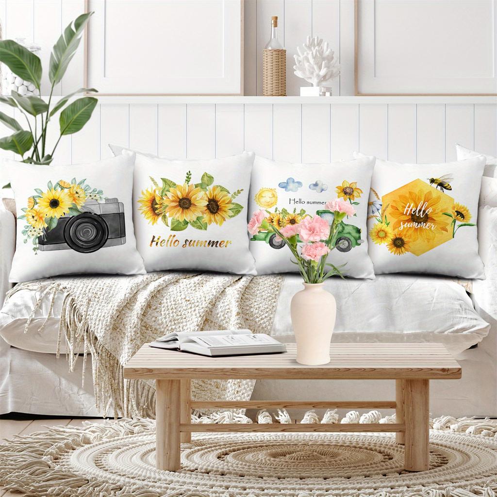 4pcs Fresh Pastoral Style Bee Sunflower Vintage Camera Throw Pillow Covers Green Pickup Truck Hello Summer Decorative Cushion Case for Bedroom Sofa