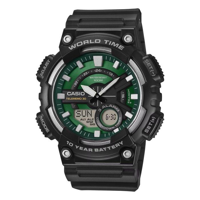 Casio World Time Analog-Digital Quartz Watch AEQ-110W-3A2V Men s Green Dial Black