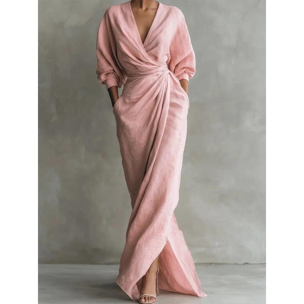 

women s Elegant Wrap V Neck Long Sleeve Ruched Waist Split Maxi Dress Pocket Evening Party Long Gown S розовый