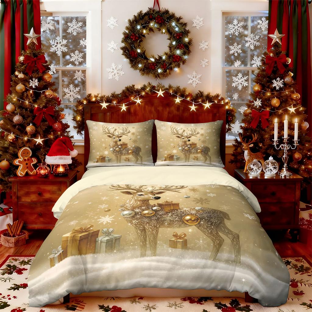 3pcs Christmas Gold Deer Print Coreless Duvet Set Multi Size Bedroom Bedding Holiday Decoration Soft Machine Washable