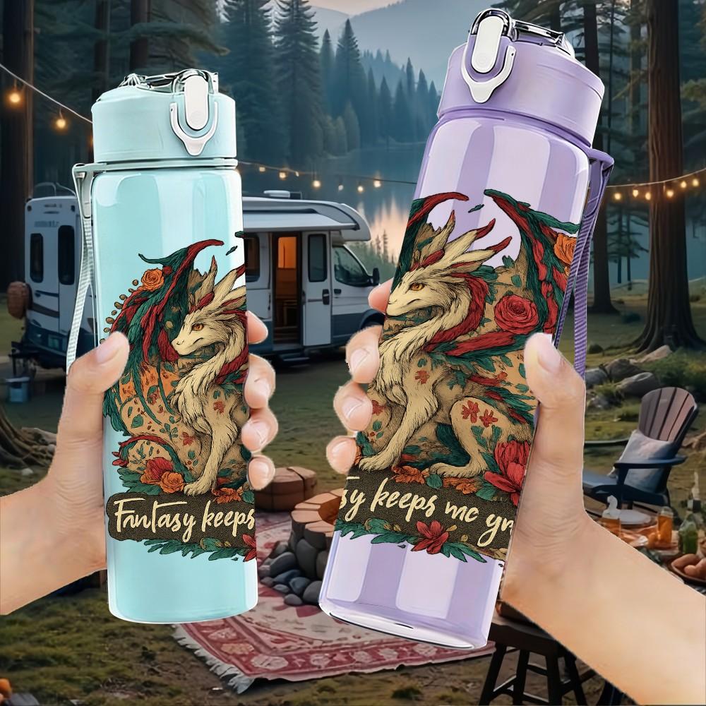 1PC Floral Circle Dragon Emblem 750ml Color Plastic Sports Water Bottle Leakproof Flip Straw Lid Suitable for Sports Office Home Use