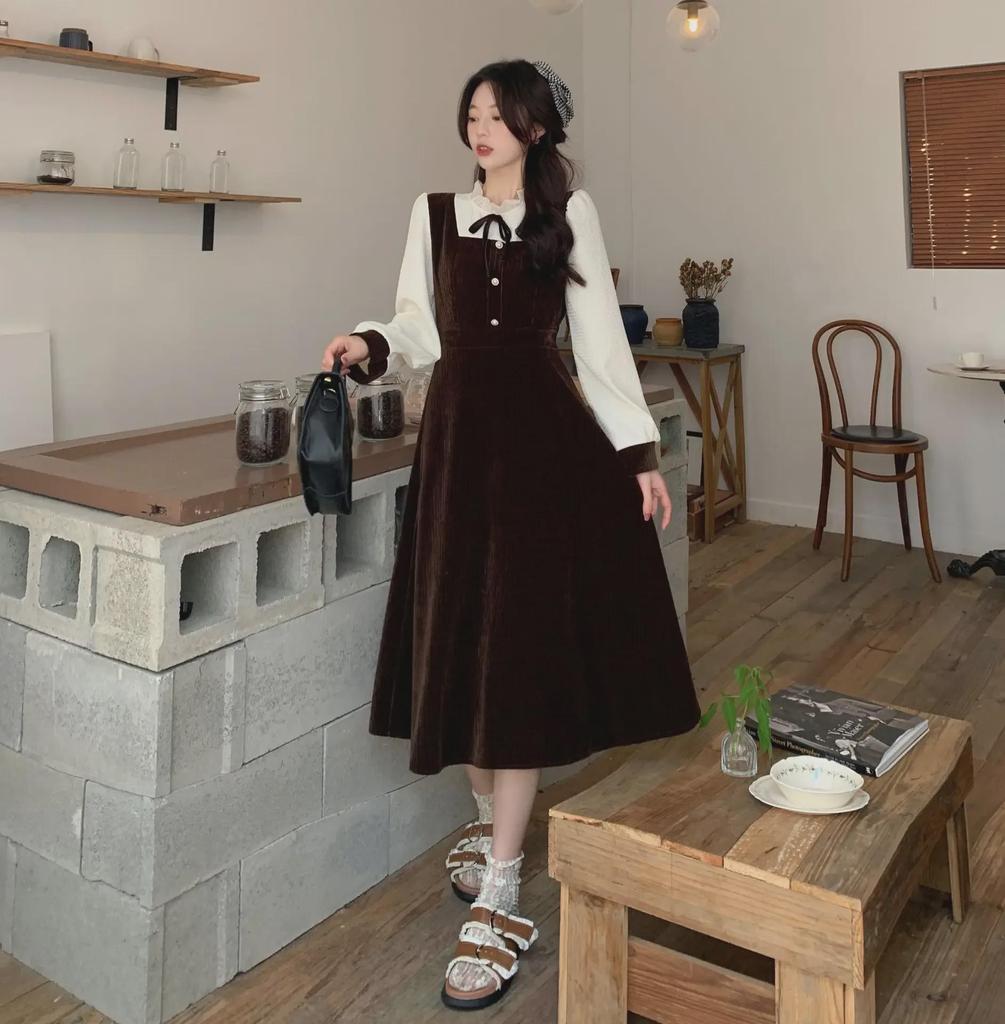 [Hochelastischer Cord] Französisches Retro-Mantelkleid mit Rüschen