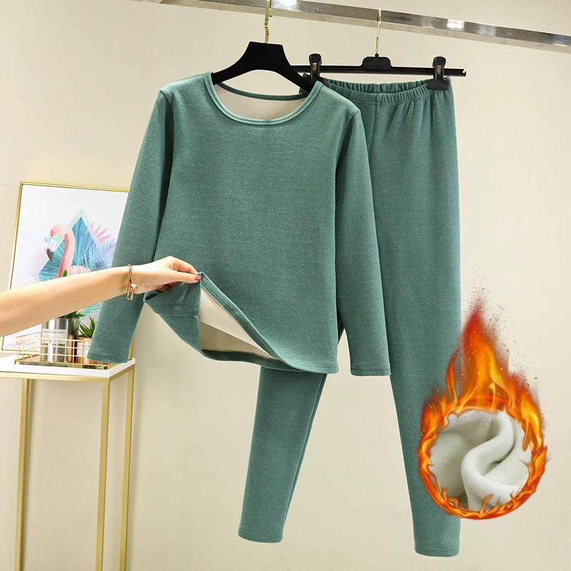 Women's Warmth Set Heated Inner Wear Large Size Velvet Padded Two-piece Suit Autumn Winter Set Single Layer Thermal Underwear