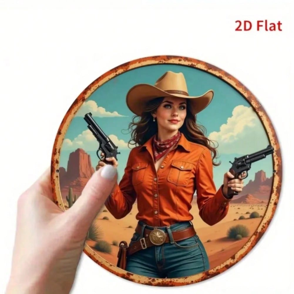 Vintage Cowgirl With Guns Round Metal Tin Sign Western Decor 20x20