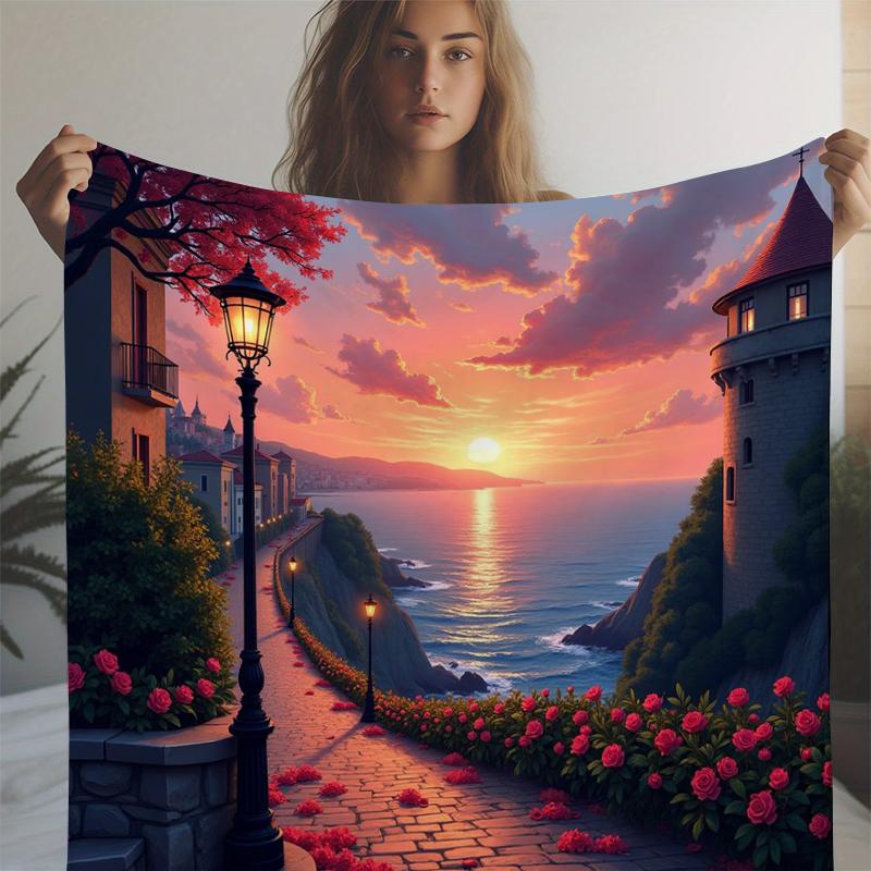 

Valentine s Day Throw Blanket Red Roses Sun Set by the Sea Ferris Wheel 3D-Printing Plush Soft Fluffy Blanket Gift for Women Men 75x100cm