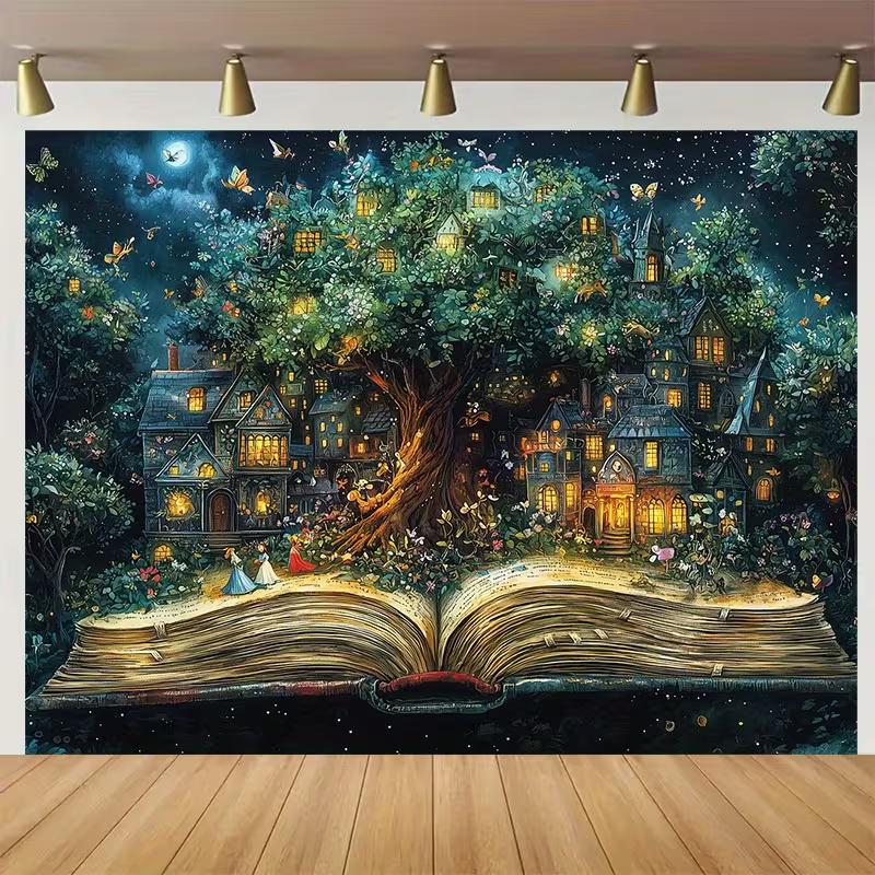 

Фэнтезийный открытый книжный деревенский фон 2D, Светящийся домик на дереве, Фотофон для студии 47.2x31.5inch/120*80cm
