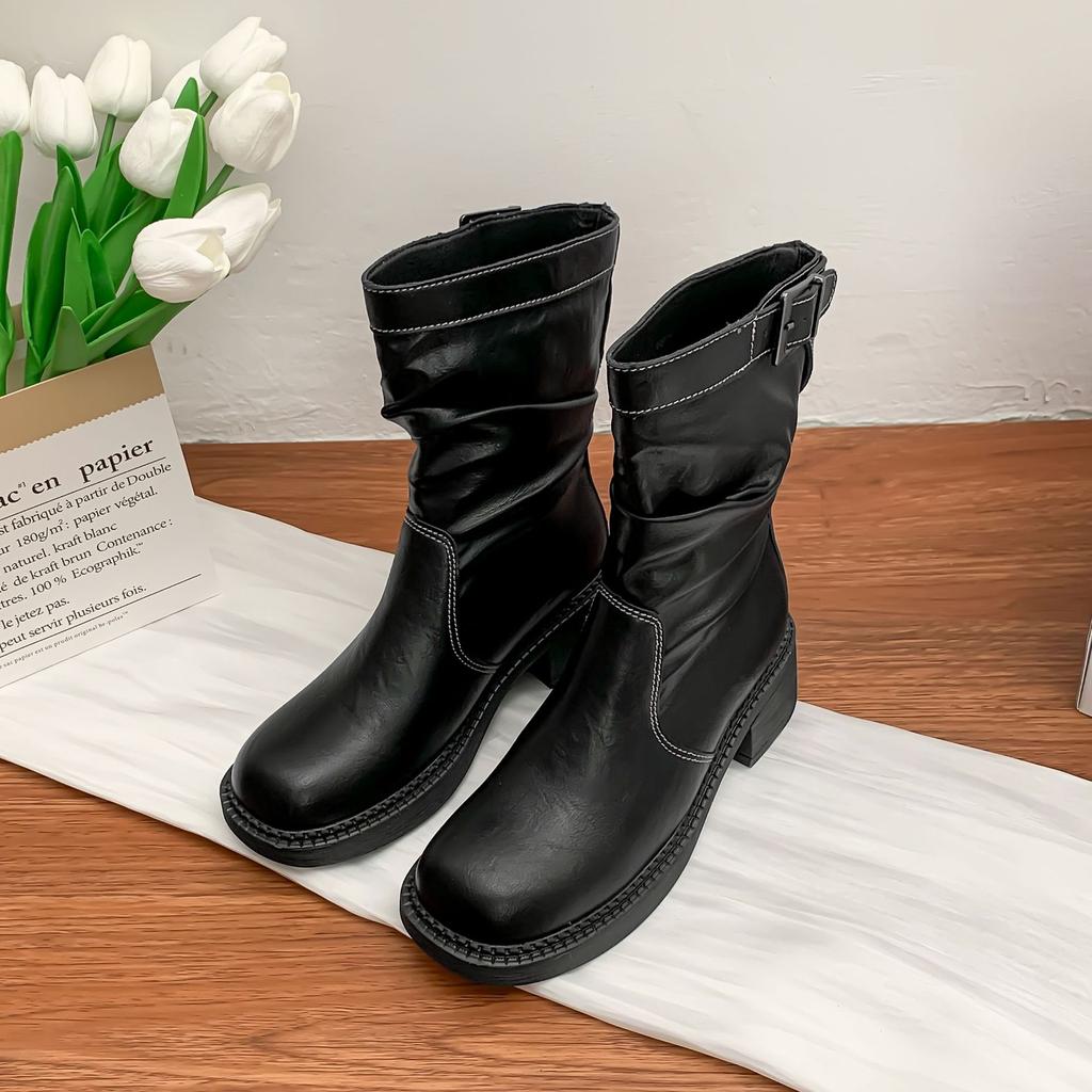 Korean version of knight boots women's belt buckle pleated piled boots comfortable soft sole not tired feet British style thick-soled Martin boots