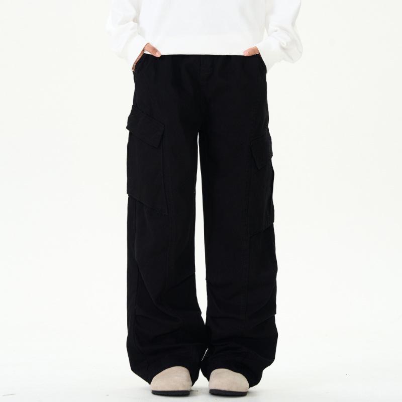 

Мужские повседневные брюки Muqiu в американском ретро-стиле для работы – модный японский свободный крой, широкие штанины, прошитый в стиле десантника Small (90-105 kg) чёрный