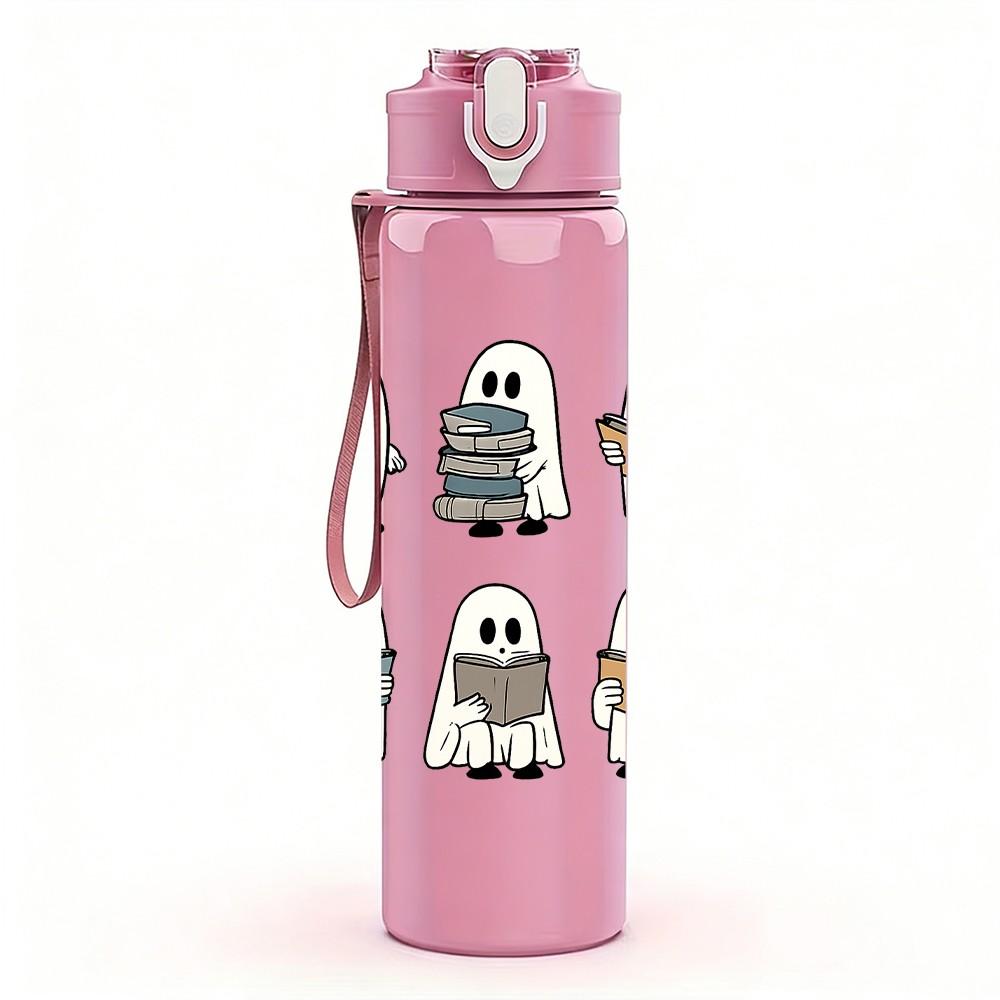 1PC Five Cute Ghosts Halloween 750ml Color Plastic Sports Water Bottle Leakproof Flip Straw Lid Suitable for Sports Office Home Use