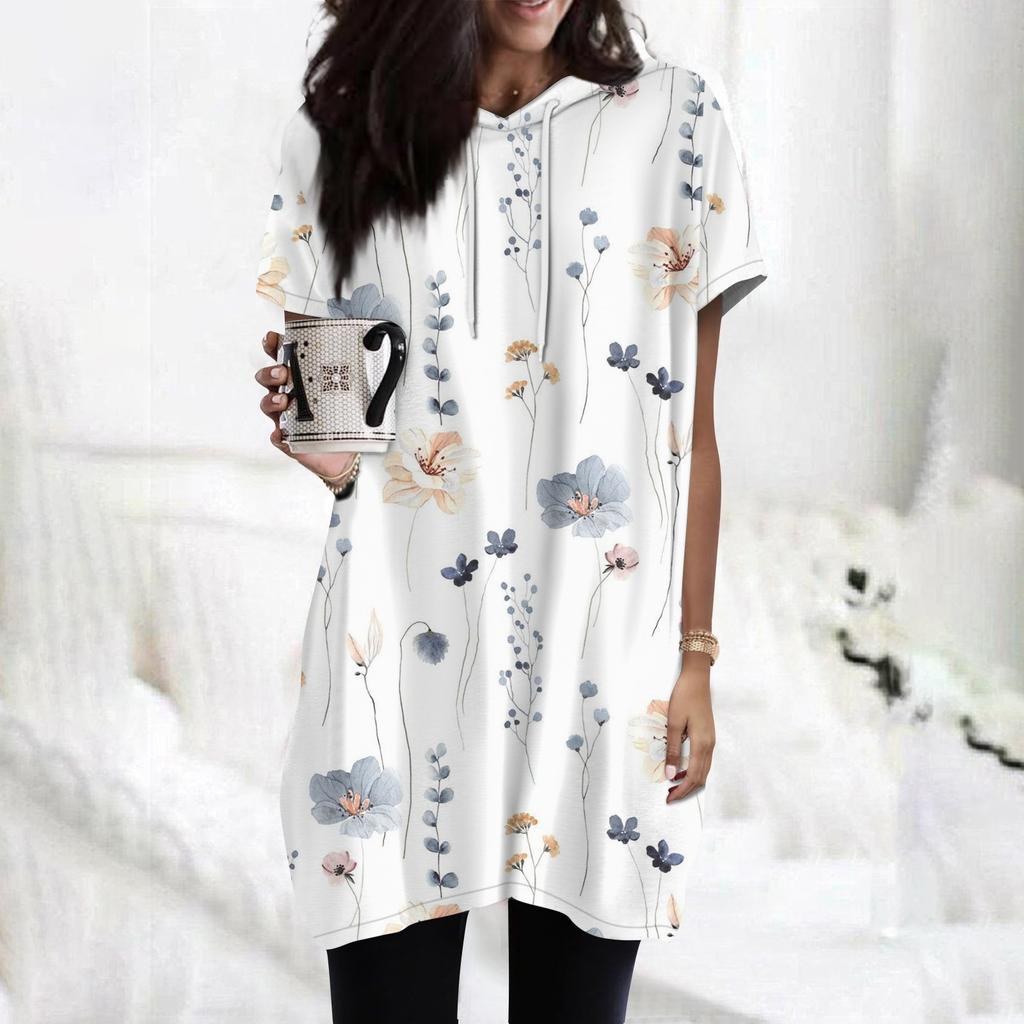 Women's Hoodies Casual Short Sleeve Shirts Fashion Print Tunic Tops With Pockets