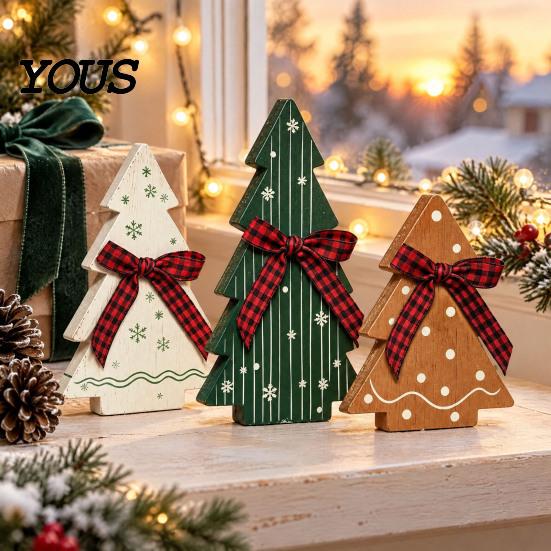 Rustic Christmas Tree Tabletop Ornaments 3Pcs Wooden with Plaid and Hemp Rope Bow, Farmhouse Indoor Decorations for Fireplace Polka Dot Xmas