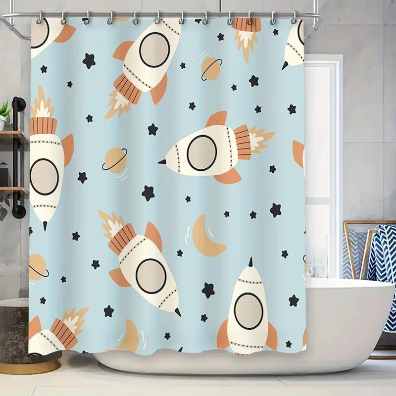 

Adorable Space Rockets Shower Curtain Modern Space Rocket Moon Pattern Bathroom Curtains, Decorative Curtains Waterproof W90xH180cm