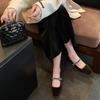 Square Head Shallow Mouth High Heels One-word Diamond Belt Low Heel Suede Mary Jane Single Shoes