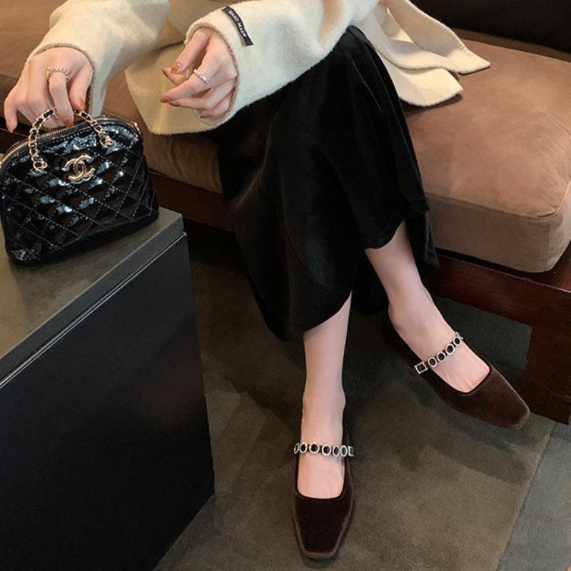 Square Head Shallow Mouth High Heels One-word Diamond Belt Low Heel Suede Mary Jane Single Shoes