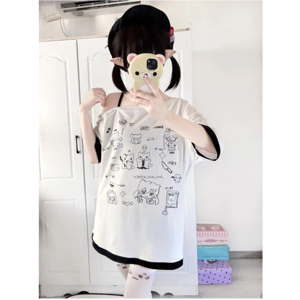 Y2k Harajuku Patchwork T-Shirts Frauen Japanischen Stil Kawaii Süße Gothic Cartoon Druck Lose Tees Tops Weiche Gril
