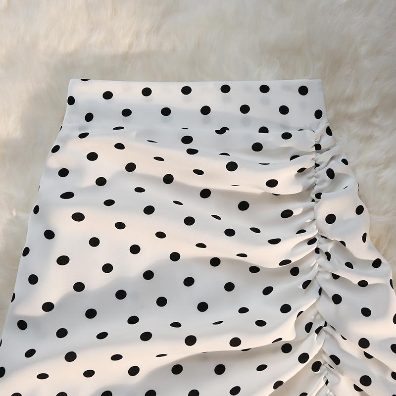 Sexy Vintage Pokal Dot Print Trumpet Midi Skirt Women Back Elastic Band Side Split Ruffles Long Black Skirts