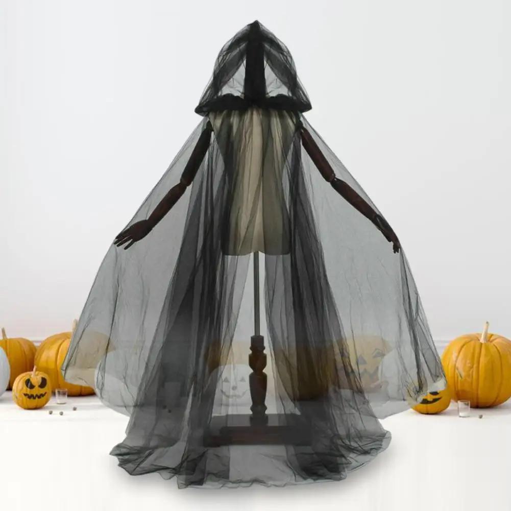 Halloween Cosplay Cloak Ghost Mesh Hooded Drawstring Cape Pleated Floor Length Gothic Cloak Medieval Performance Capes Costumes
