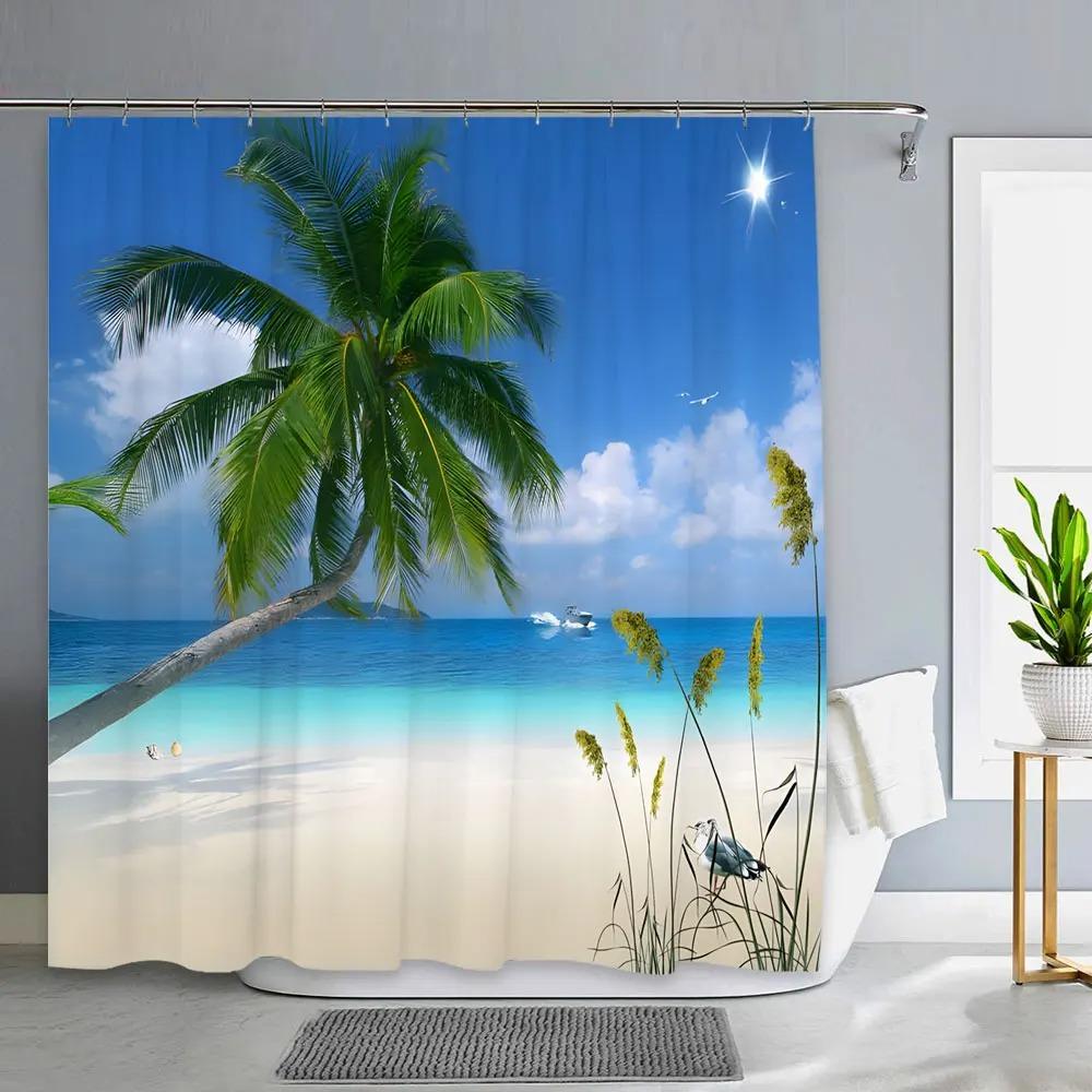 

1PC Green Tropical Plants Shower Curtains for Bathroom Polyester Seaworld Shower Curtain Printing Curtain Beach Shower Curtains 90x180cm-35x70in