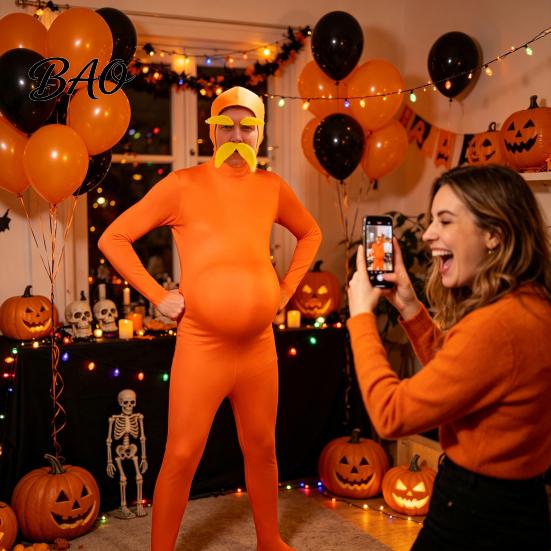 Skin Friendly Party Outfit Orange Full Bodysuit for Kids Adults, with Belly, Yellow Mustache & Eyebrows, Body Zentai Suit Men Women Open Face
